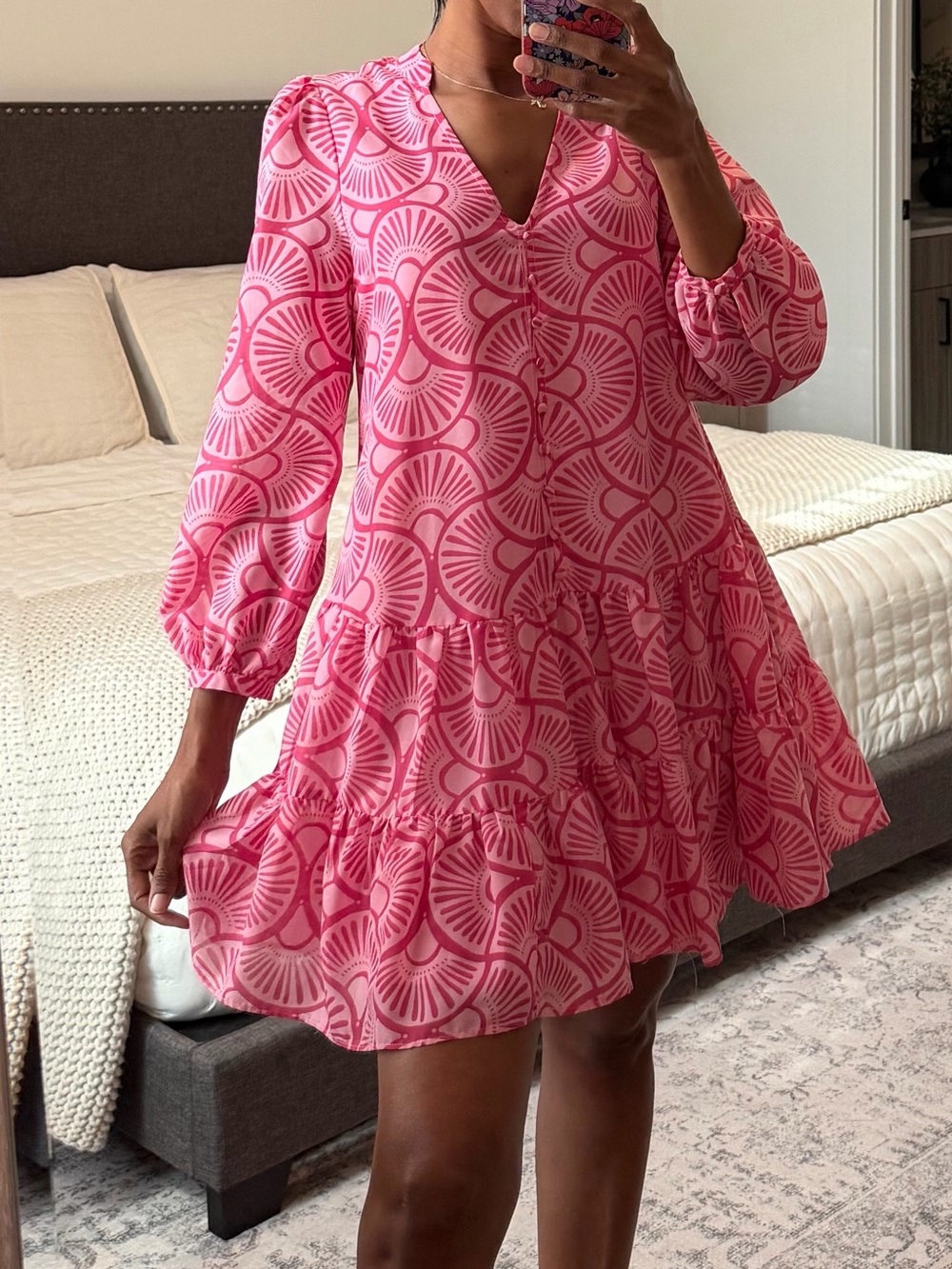 Women's Pink V-Neck Tiered Mini Dress